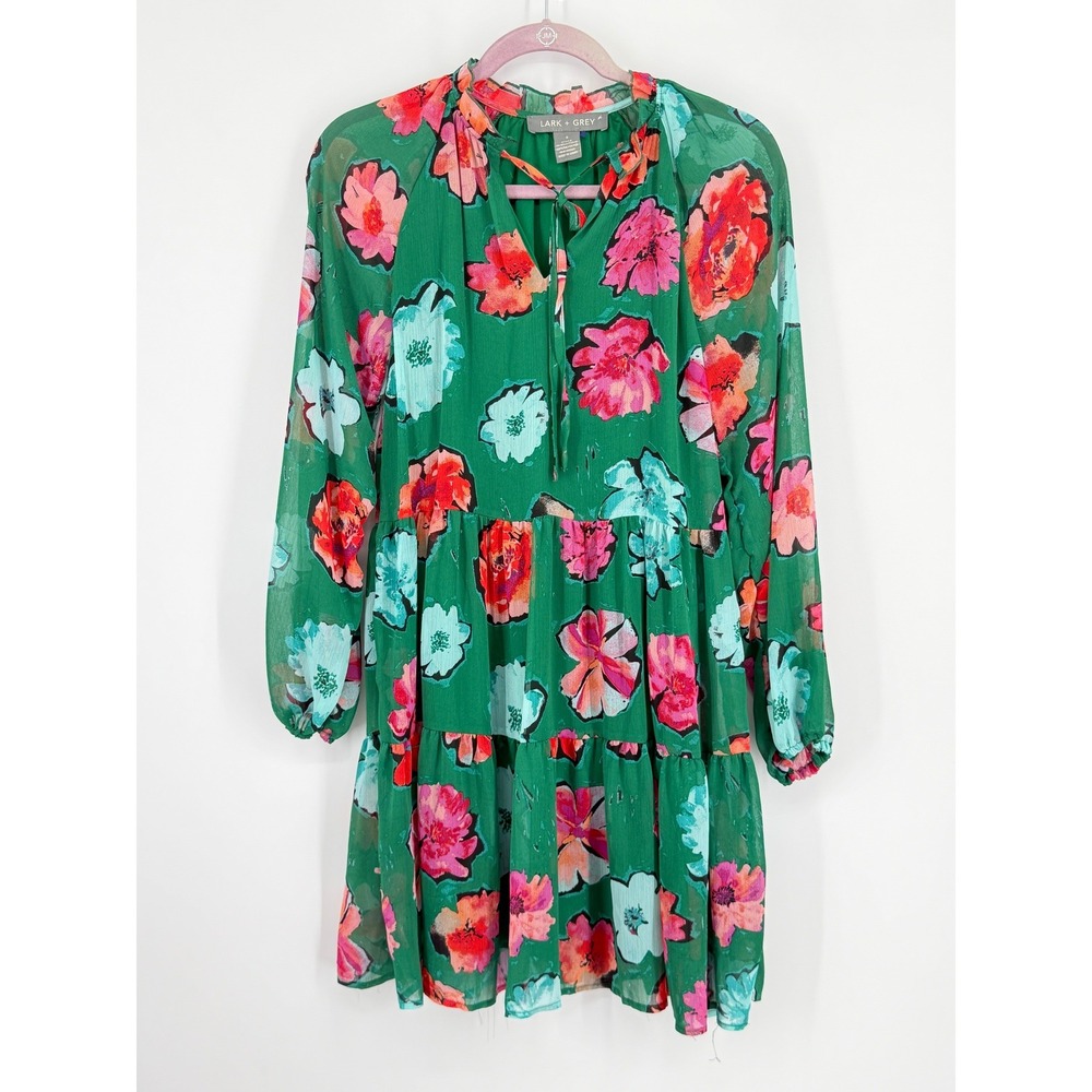 Green Floral 90s Y2k‎ Tiered New Babydoll Dress Ruffles Tie Long Sleeve Small
